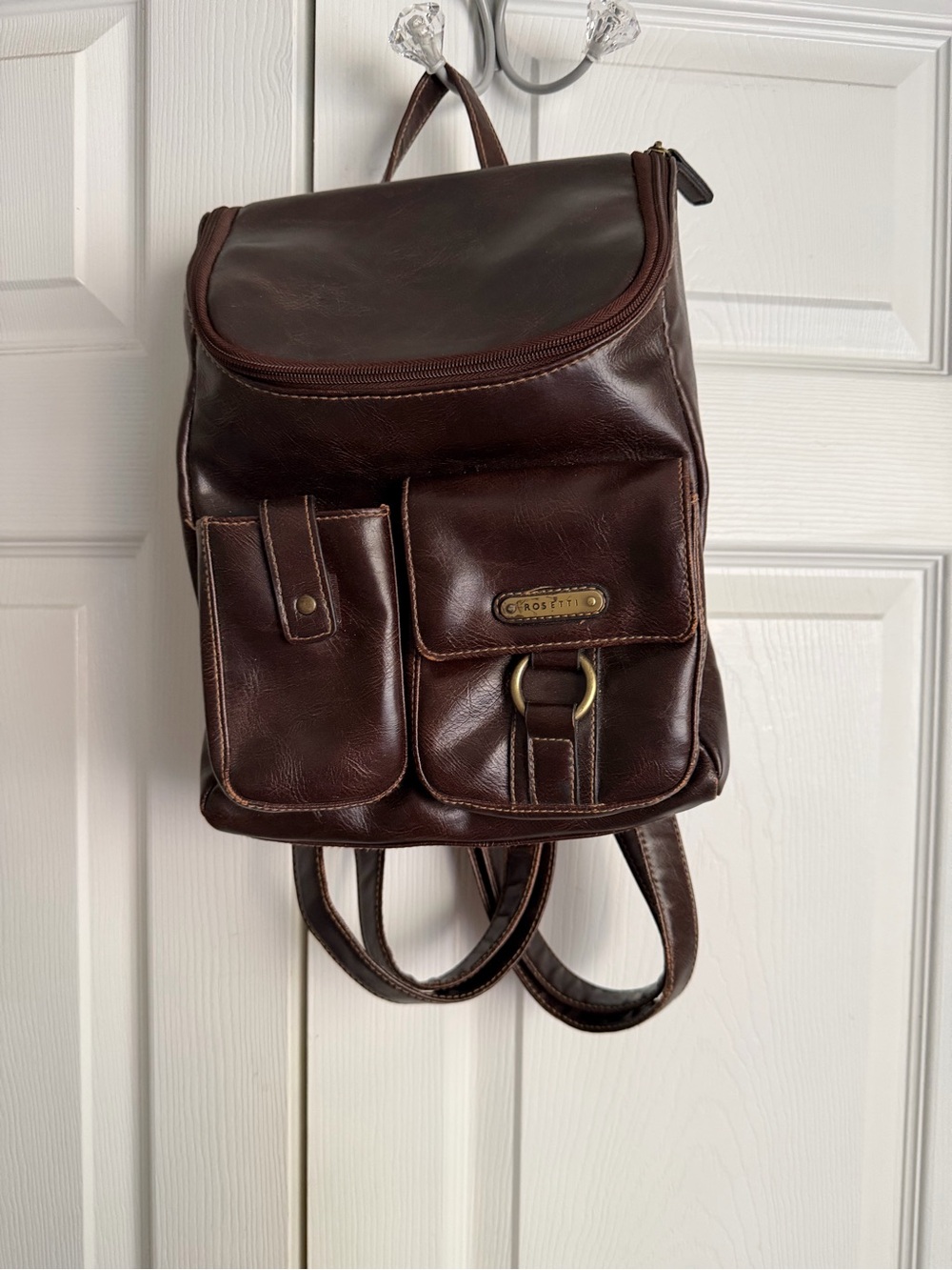 Vintage Rosetti Brown Faux Leather Zip Backpack Purse Bag Multiple Compartments